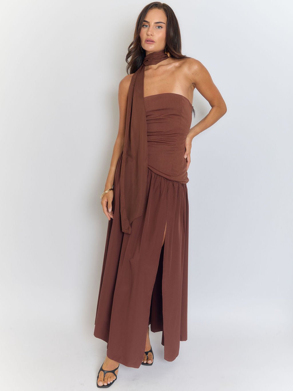 Strapless Neck Tie High Slit Maxi Dress