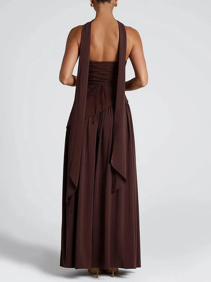 Strapless Neck Tie High Slit Maxi Dress