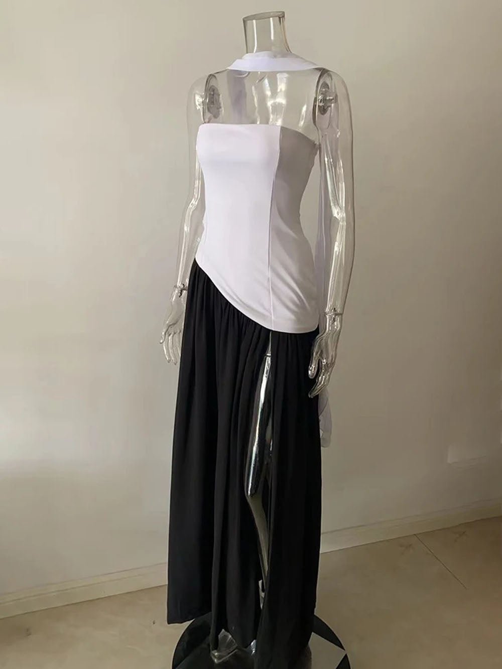 Strapless Neck Tie High Slit Maxi Dress