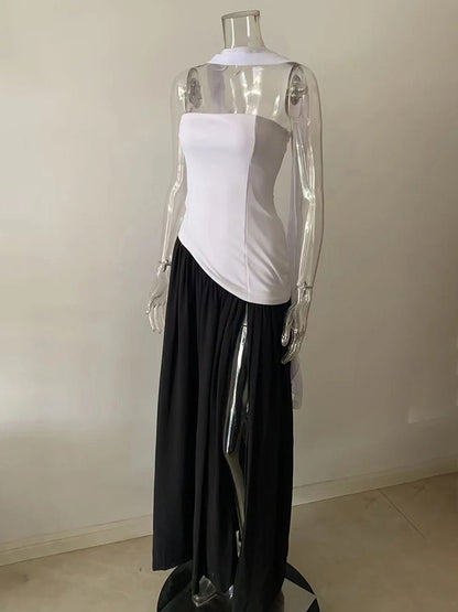 Strapless Neck Tie High Slit Maxi Dress