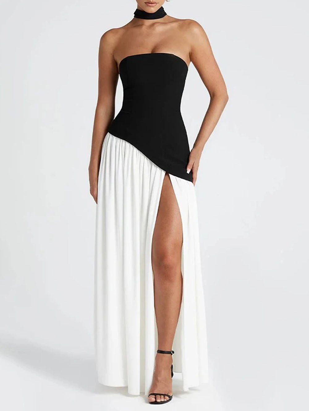 Strapless Neck Tie High Slit Maxi Dress