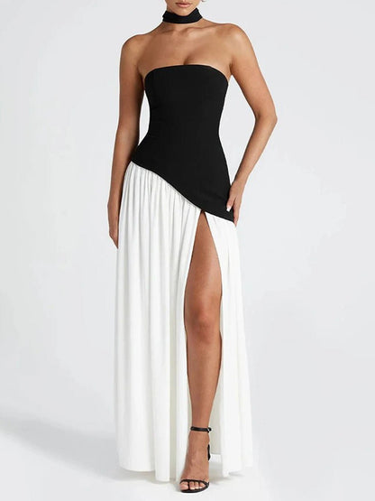 Strapless Neck Tie High Slit Maxi Dress