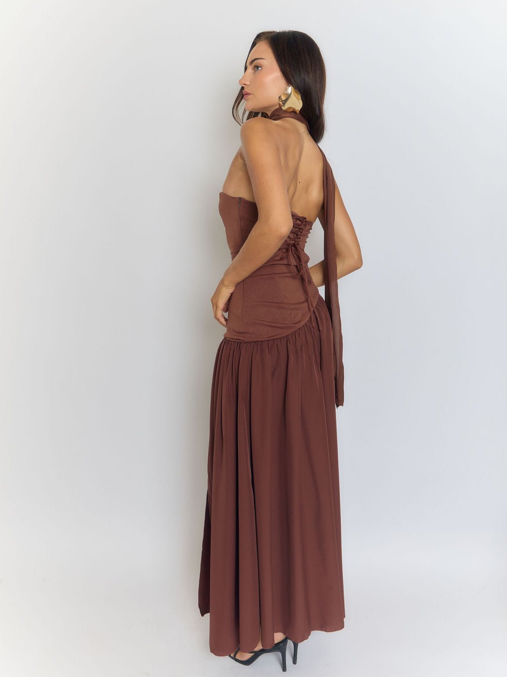 Strapless Neck Tie High Slit Maxi Dress