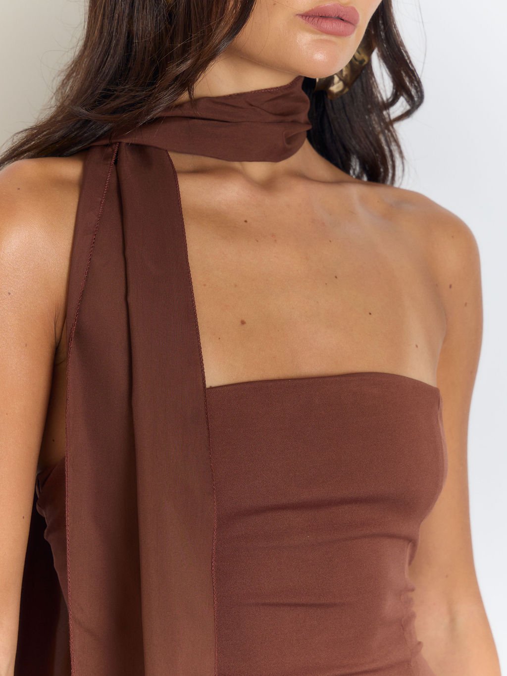 Strapless Neck Tie High Slit Maxi Dress