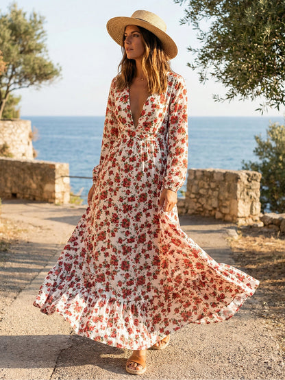 Long Sleeve Floral Maxi Gown - Pink Boho Flowy V Neck Ruffle Dress - Spring Holiday Beach 2026