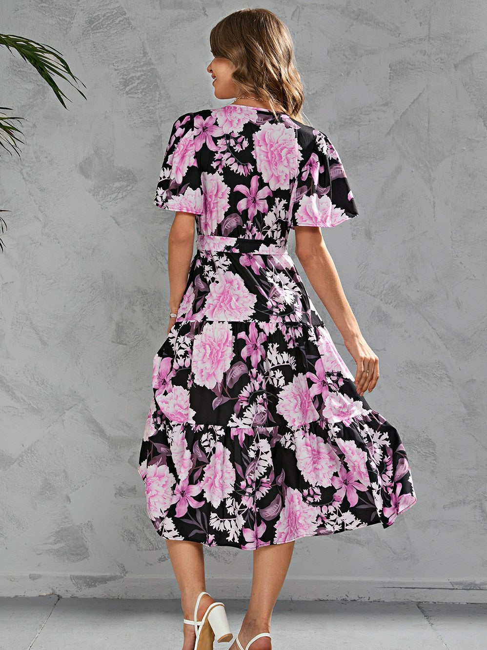 Printed Lace-up Short Sleeve Dress