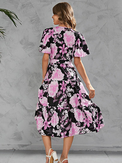 Printed Lace-up Short Sleeve Dress