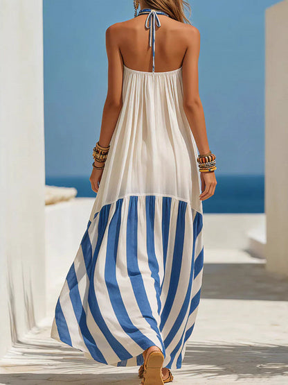 Retro Plaid Striped Backless Maxi Dress