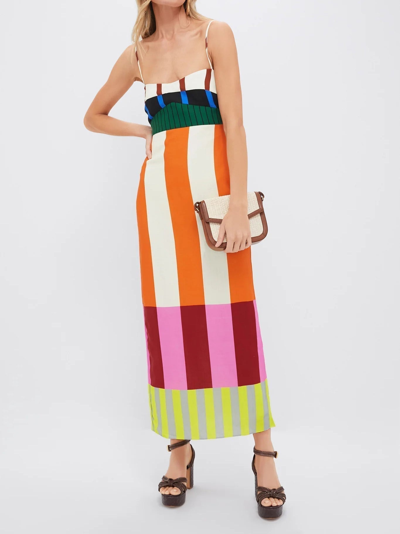 Square Neck Spaghetti Strap Color Block Panel Stripe Midi Dress