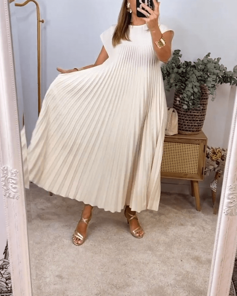 Crew Neck Cap Sleeve Accordion Pleated Pocket Maxi Dress