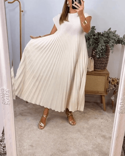 Crew Neck Cap Sleeve Accordion Pleated Pocket Maxi Dress