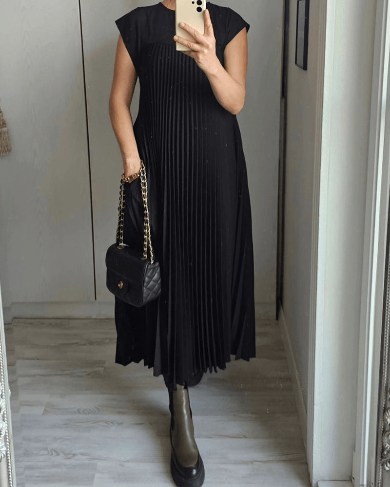 Crew Neck Cap Sleeve Accordion Pleated Pocket Maxi Dress