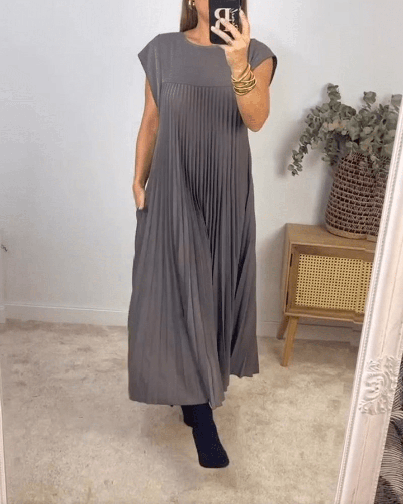 Crew Neck Cap Sleeve Accordion Pleated Pocket Maxi Dress