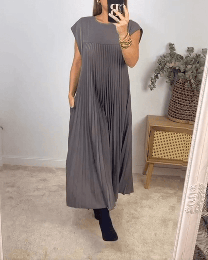 Crew Neck Cap Sleeve Accordion Pleated Pocket Maxi Dress