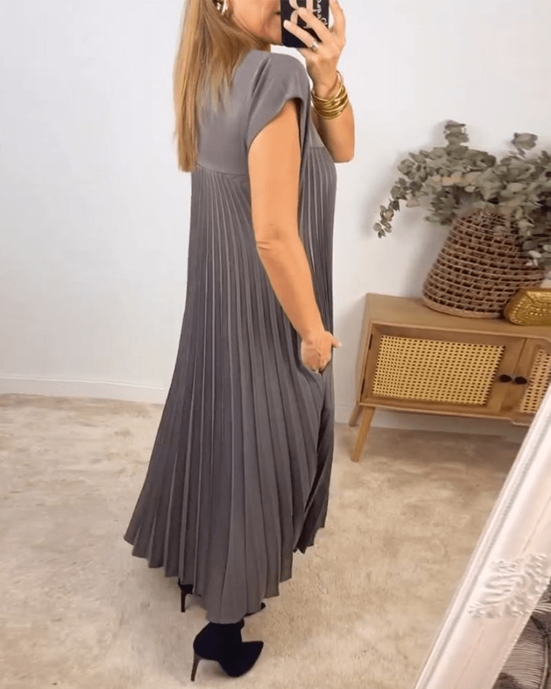 Crew Neck Cap Sleeve Accordion Pleated Pocket Maxi Dress