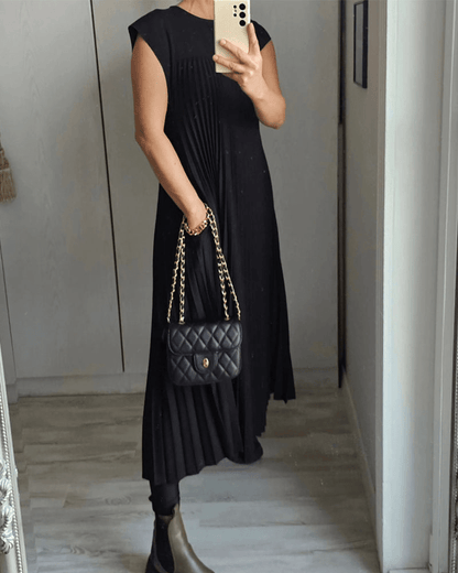 Crew Neck Cap Sleeve Accordion Pleated Pocket Maxi Dress