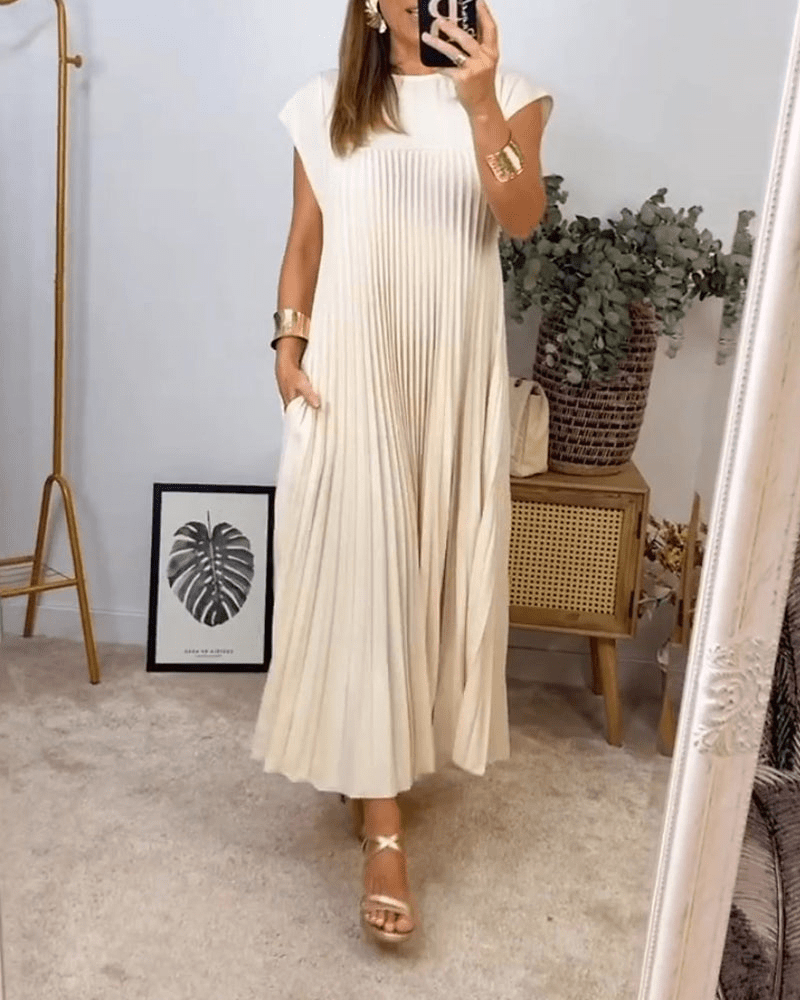 Crew Neck Cap Sleeve Accordion Pleated Pocket Maxi Dress
