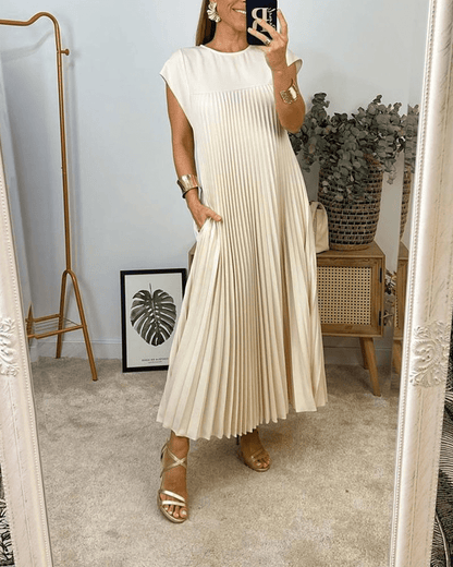 Crew Neck Cap Sleeve Accordion Pleated Pocket Maxi Dress