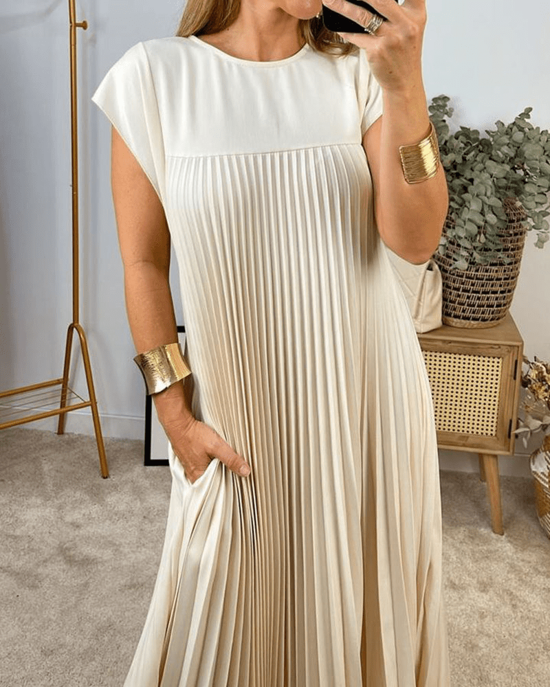 Crew Neck Cap Sleeve Accordion Pleated Pocket Maxi Dress