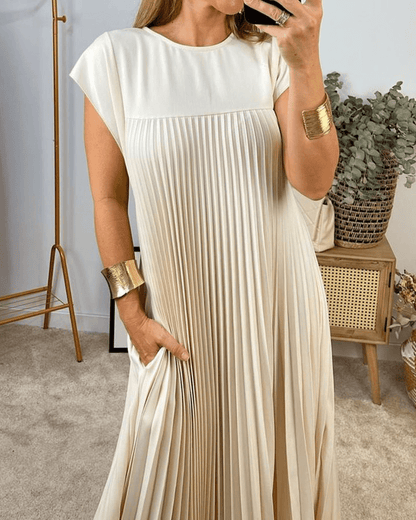 Crew Neck Cap Sleeve Accordion Pleated Pocket Maxi Dress