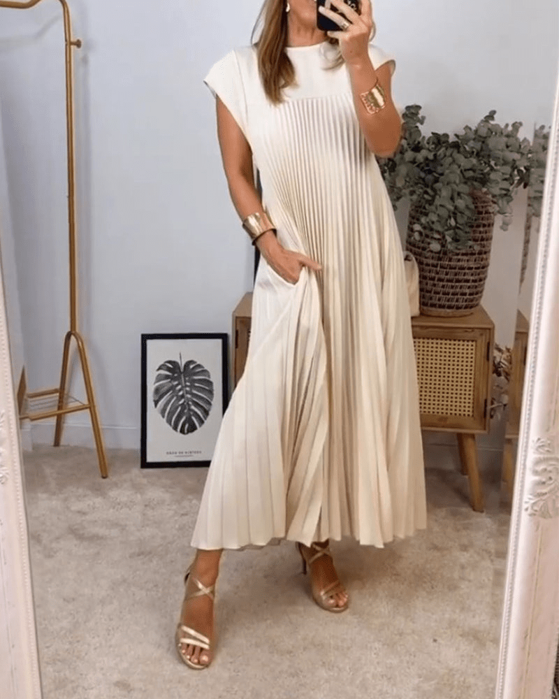 Crew Neck Cap Sleeve Accordion Pleated Pocket Maxi Dress