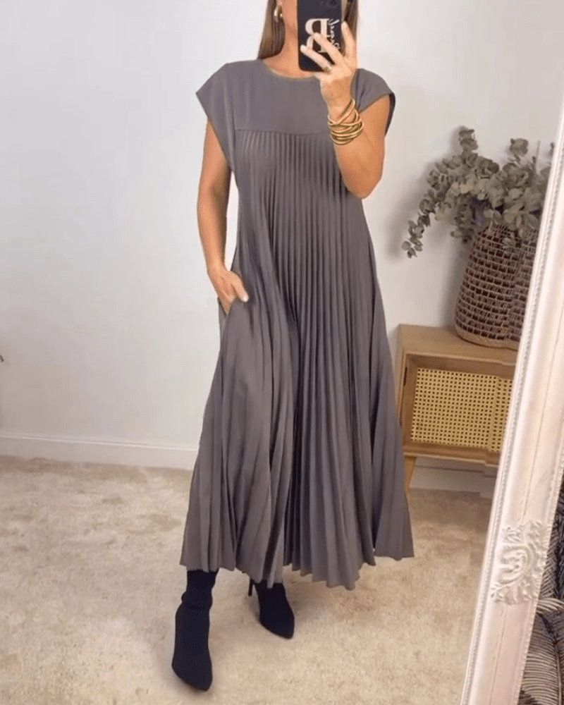 Crew Neck Cap Sleeve Accordion Pleated Pocket Maxi Dress