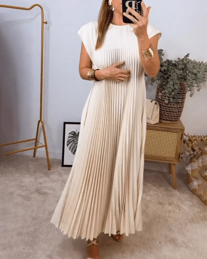 Crew Neck Cap Sleeve Accordion Pleated Pocket Maxi Dress