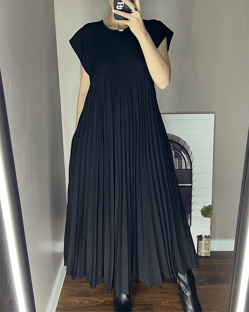 Crew Neck Cap Sleeve Accordion Pleated Pocket Maxi Dress