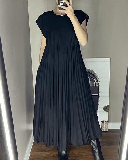 Crew Neck Cap Sleeve Accordion Pleated Pocket Maxi Dress