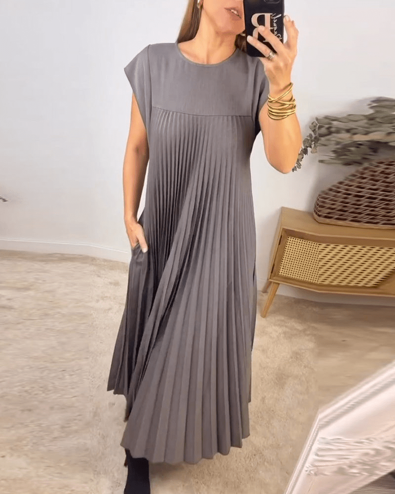 Crew Neck Cap Sleeve Accordion Pleated Pocket Maxi Dress