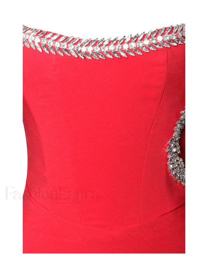 Xoana Red Crystal Charming Embellished High Slit Gown