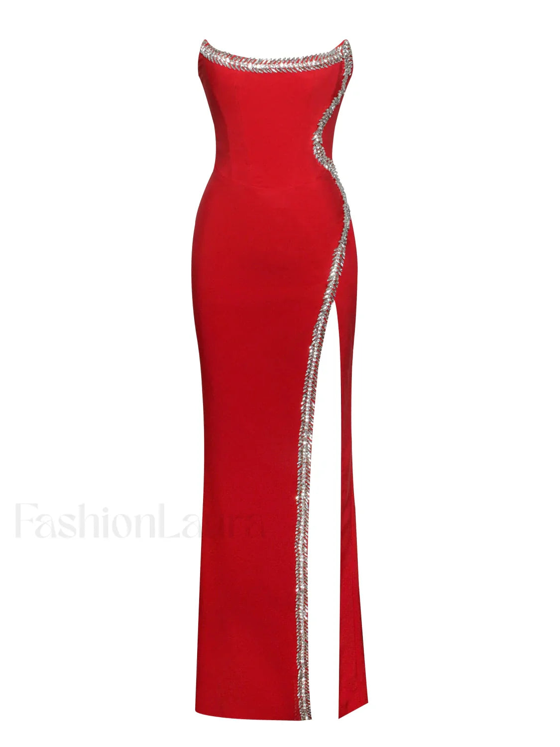 Xoana Red Crystal Charming Embellished High Slit Gown