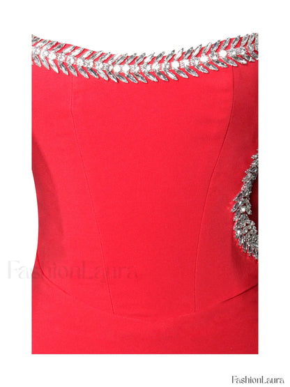 Xoana Red Crystal Charming Embellished High Slit Gown