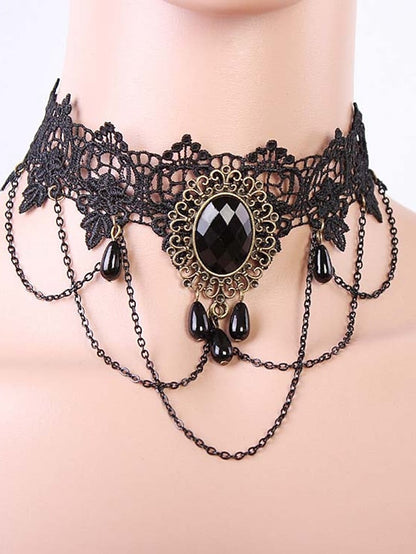 Lace Tattoo Choker Necklace Punk Fashion Jewelry for Women and Girls Vintage Gothic Style with Artificial Gemstones