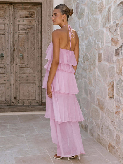 Halter Ruffle Maxi Dress For Women - Elegant Backless Tiered Chiffon High Low Sun Dress - Summer Date Night Outfit 2026