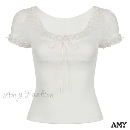 Y2K Lace Trim Cute Bow White Lolita Summer Slim-Fit Short Sleeve Crop Top