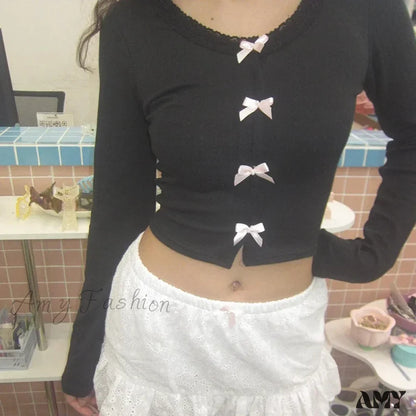 Y2K Lace Trim Kawaii Multi Cute Bow Single-breasted Solid Lolita Crop Top