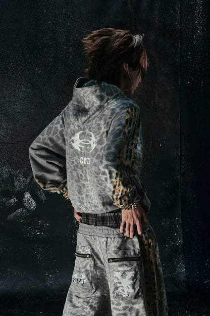 Y2K Leopard Striped Street Zip Hoodie