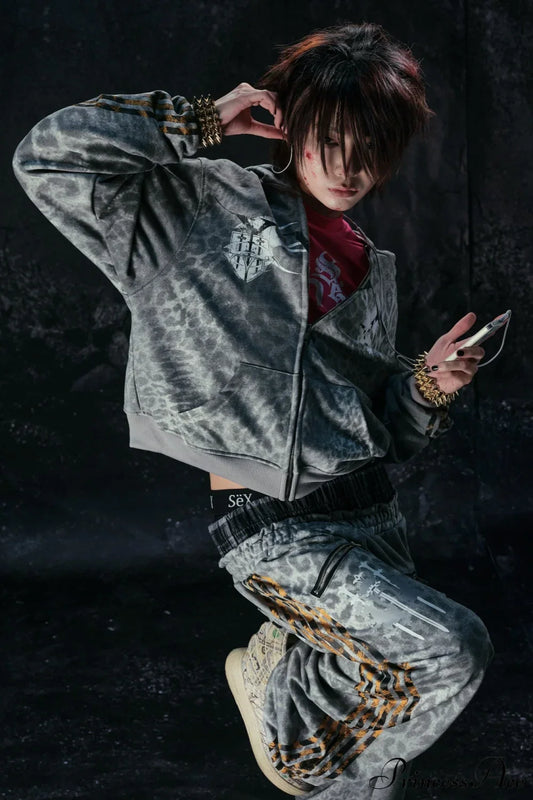 Y2K Leopard Striped Street Zip Hoodie