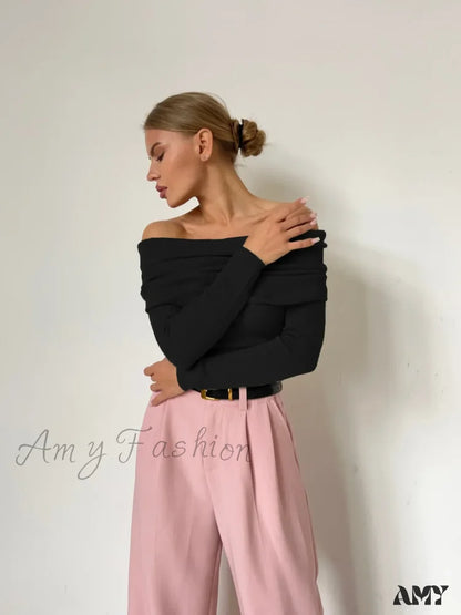 Y2K Off Shoulder Autumn Winter Solid Long Sleeve Streetwear Sweater