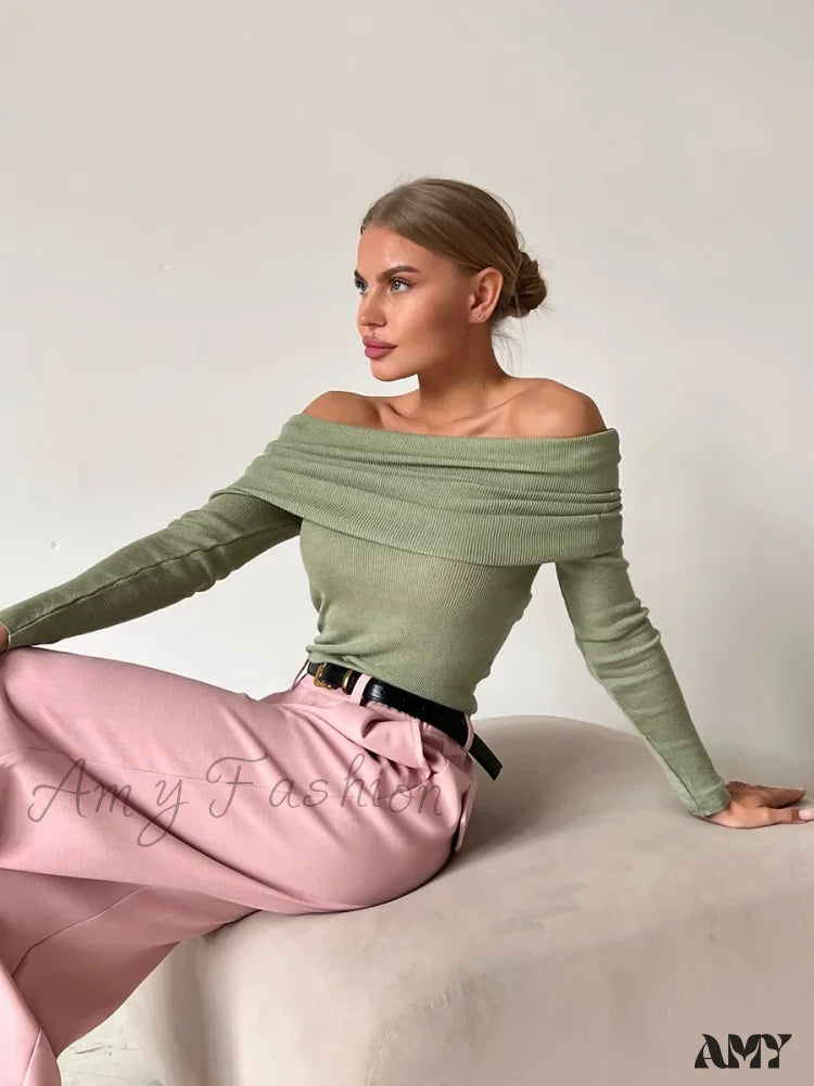 Y2K Off Shoulder Autumn Winter Solid Long Sleeve Streetwear Sweater
