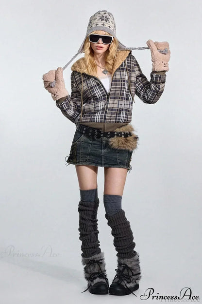 Y2K Plaid Sherpa Fleece Hoodie