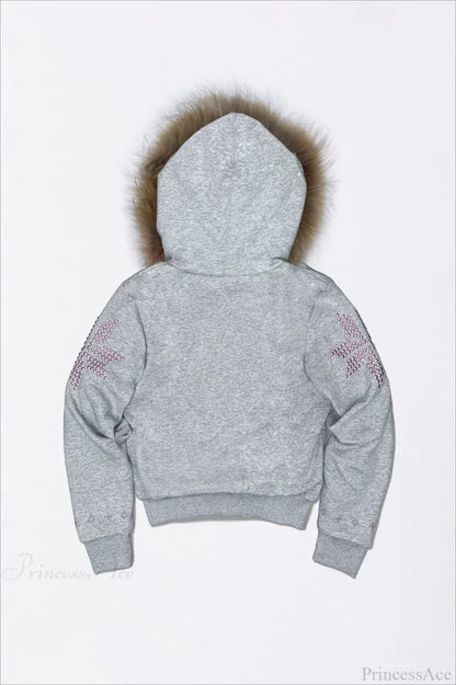 Y2K Sherpa Collar Rhinestone Zip-Front Waist-Cinched Hoodie