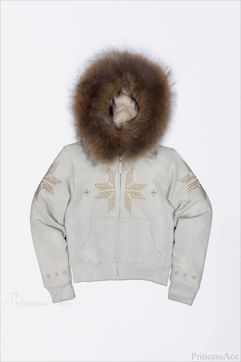 Y2K Sherpa Collar Rhinestone Zip-Front Waist-Cinched Hoodie