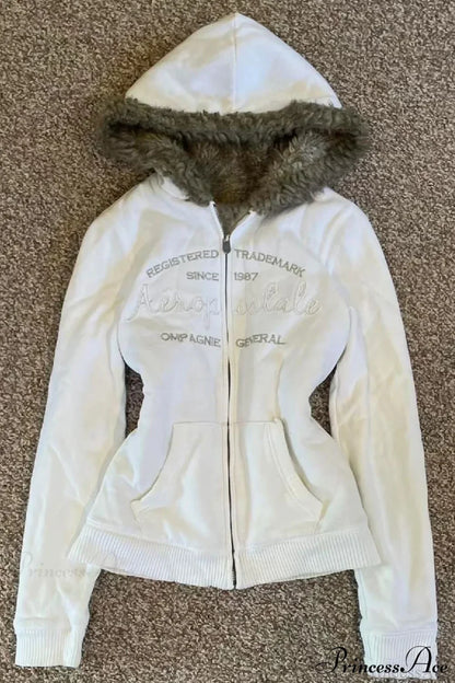 Y2K Solid Fleece Embroidered Letter Zip Hoodie