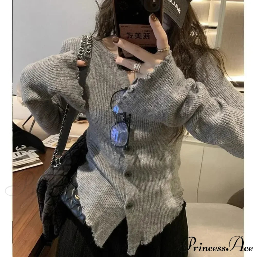 Y2k Vintage Grey Harajuku Long Sleeve Slim Casual Cardigan