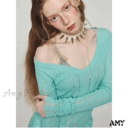 Y2K Women Knit Hollow Out V Neck Pullovers See Through Stylish Harajuku Korean Fashion Autumn Gyaru Sweater