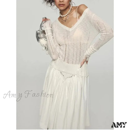 Y2K Women Knit Hollow Out V Neck Pullovers See Through Stylish Harajuku Korean Fashion Autumn Gyaru Sweater