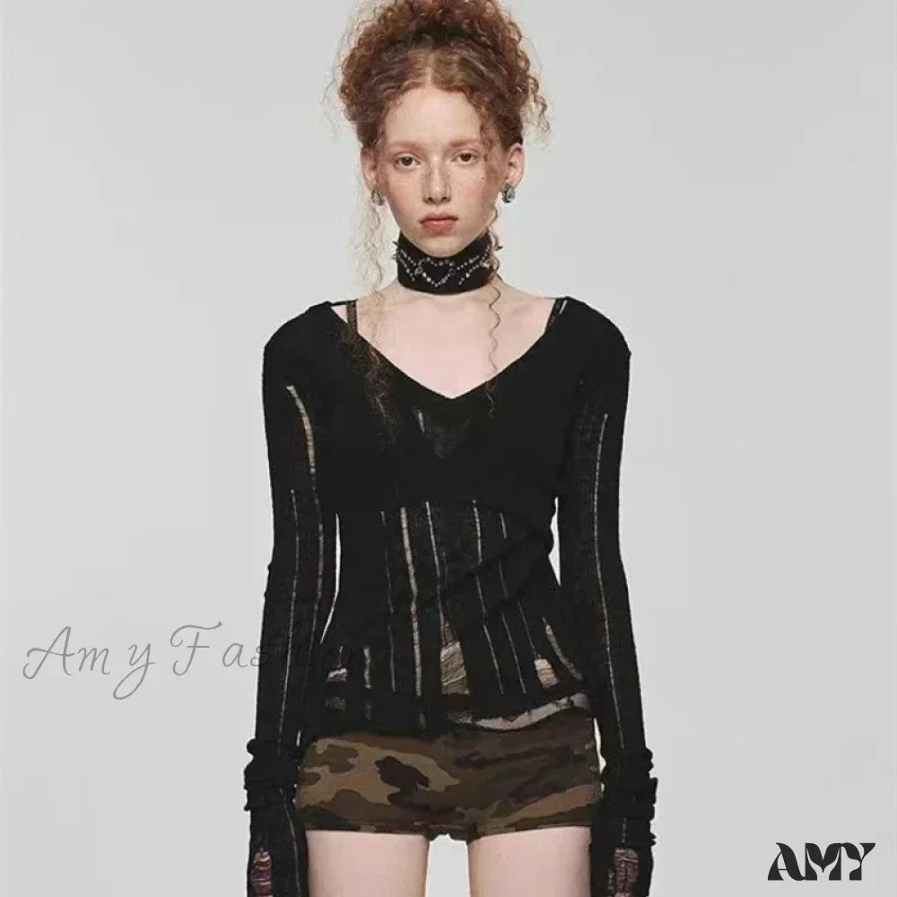 Y2K Women Knit Hollow Out V Neck Pullovers See Through Stylish Harajuku Korean Fashion Autumn Gyaru Sweater