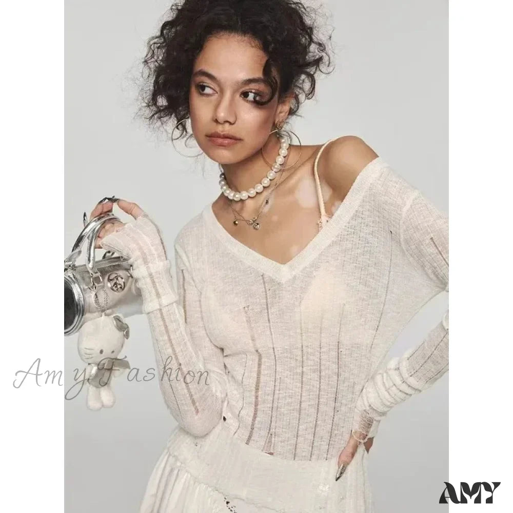 Y2K Women Knit Hollow Out V Neck Pullovers See Through Stylish Harajuku Korean Fashion Autumn Gyaru Sweater